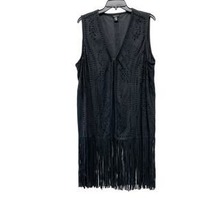 Intro Womens Black Sleeveless Fringe Long Vest  Hippie Size 1X